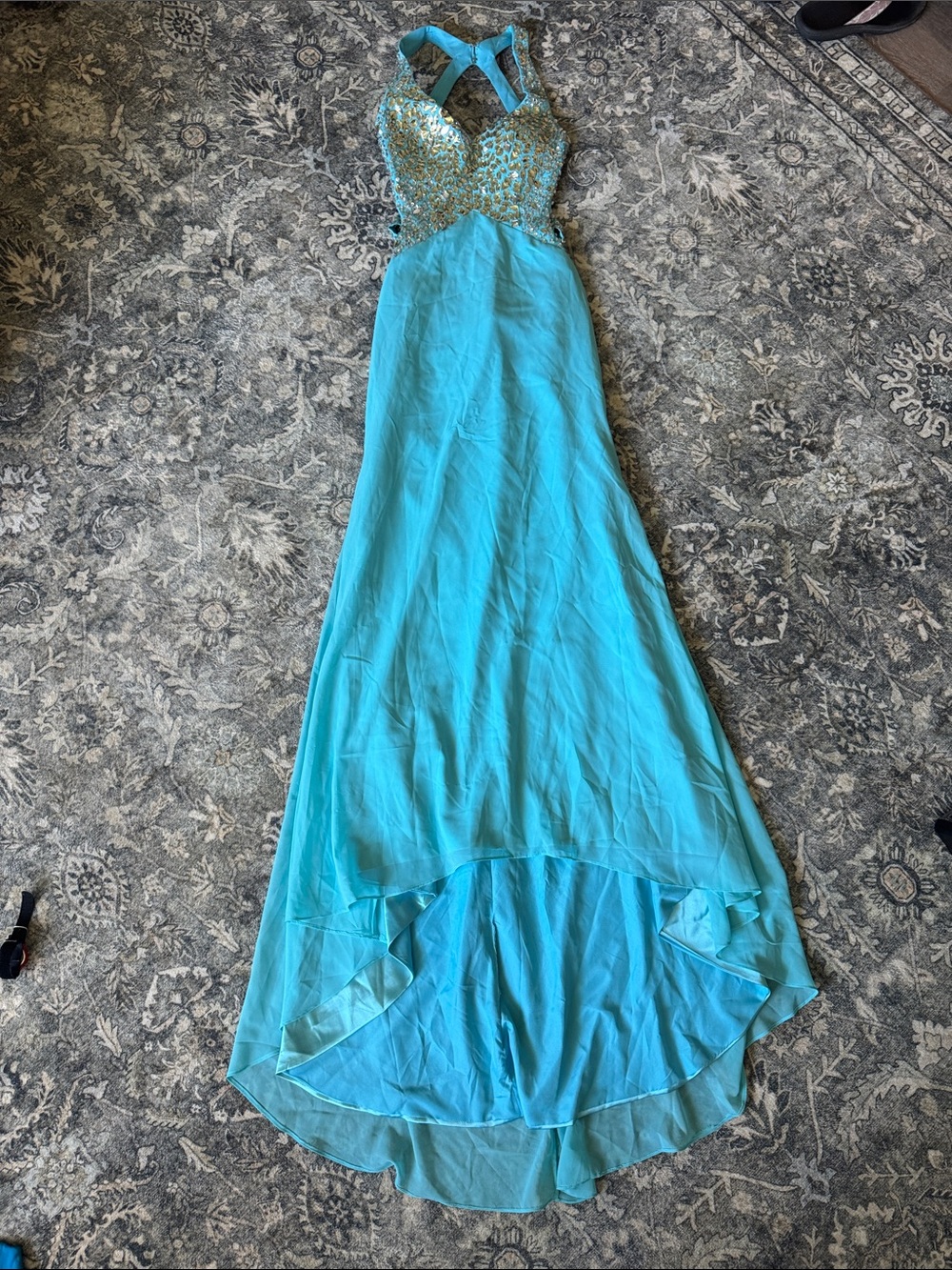 Turquoise Beaded Halter Evening Dress